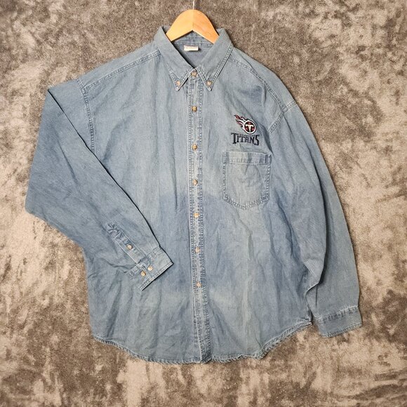 VTG NFL Tennessee Titans Shirt Adult L Blue Long Sleeve Button Up Jean Football - Picture 1 of 9